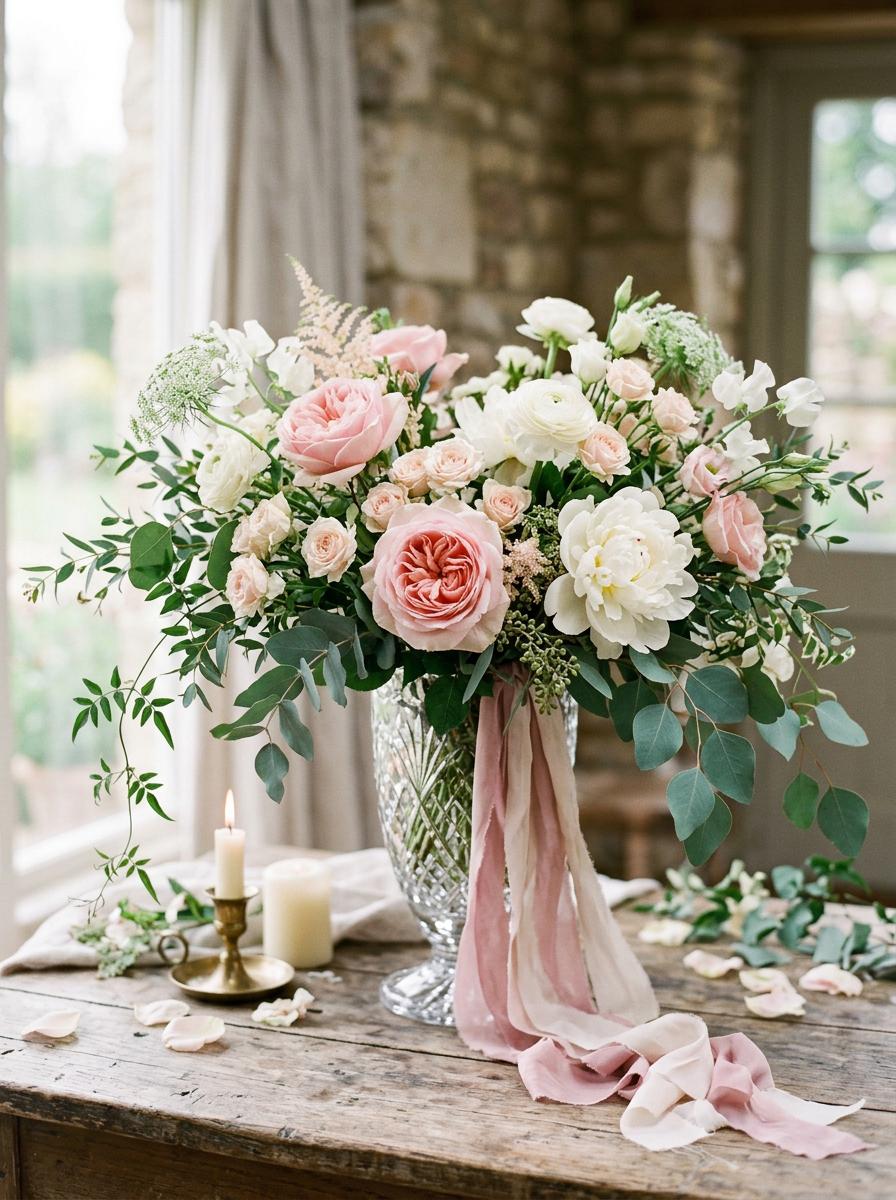 Floral arrangement bruiloft met rozen en eucalyptus
